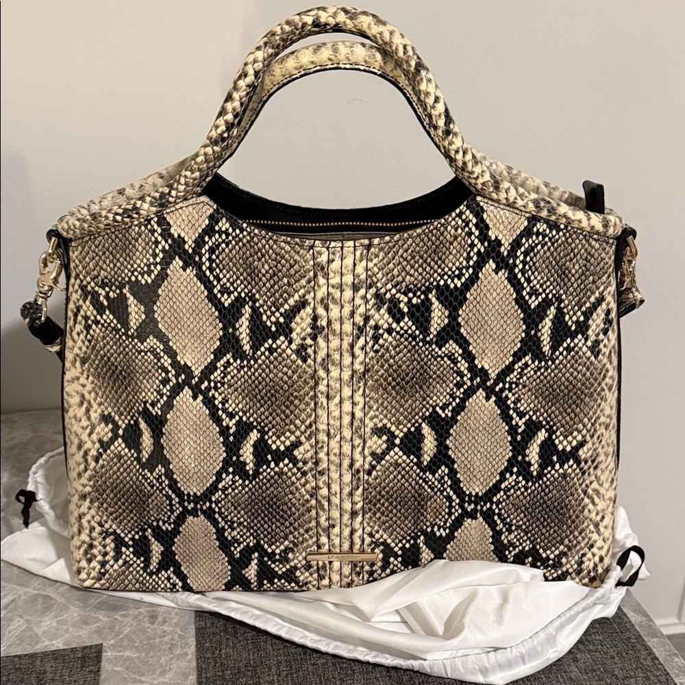 Brahmin Snakeskin Shoulder Bag in Black and Tan